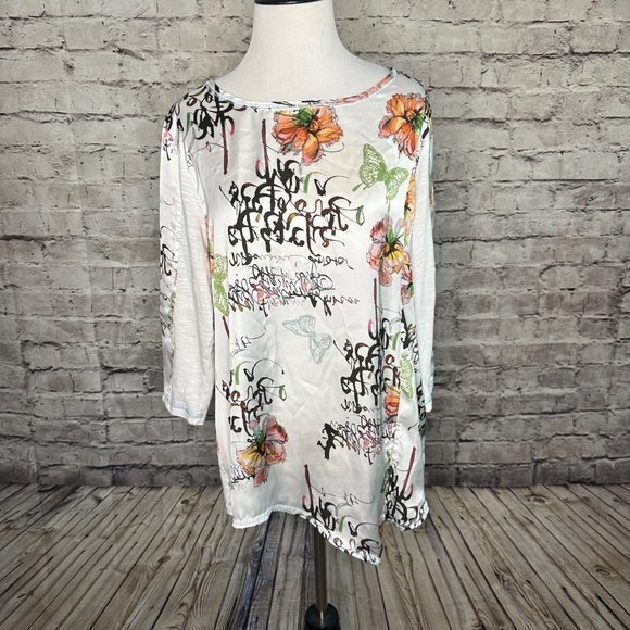 SNO SKINS Tops - Sno Skins White Long Sleeve‎ Woven Floral Butterfly Print Boat Neck Blouse Med